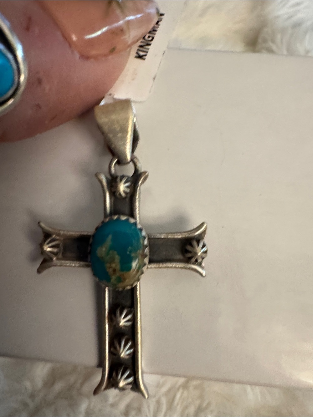 Sterling-Style kingman Turquoise Cross Pendant